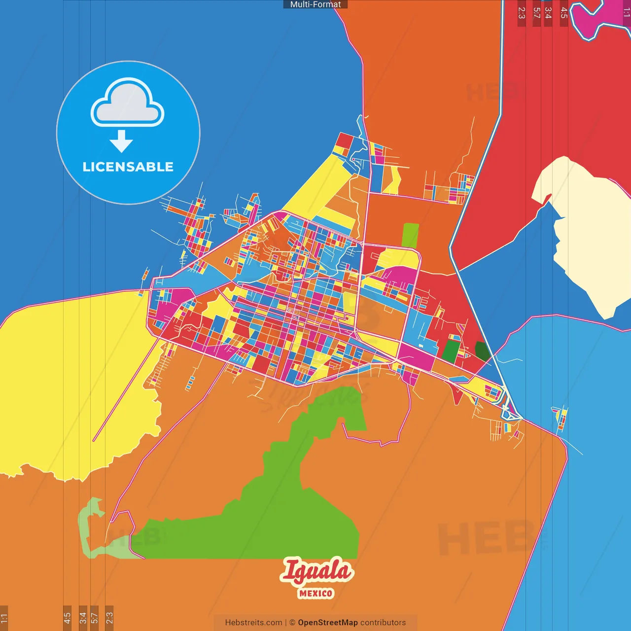 Iguala, Guerrero, Mexico Crazy Colorful Street Map Poster Template
