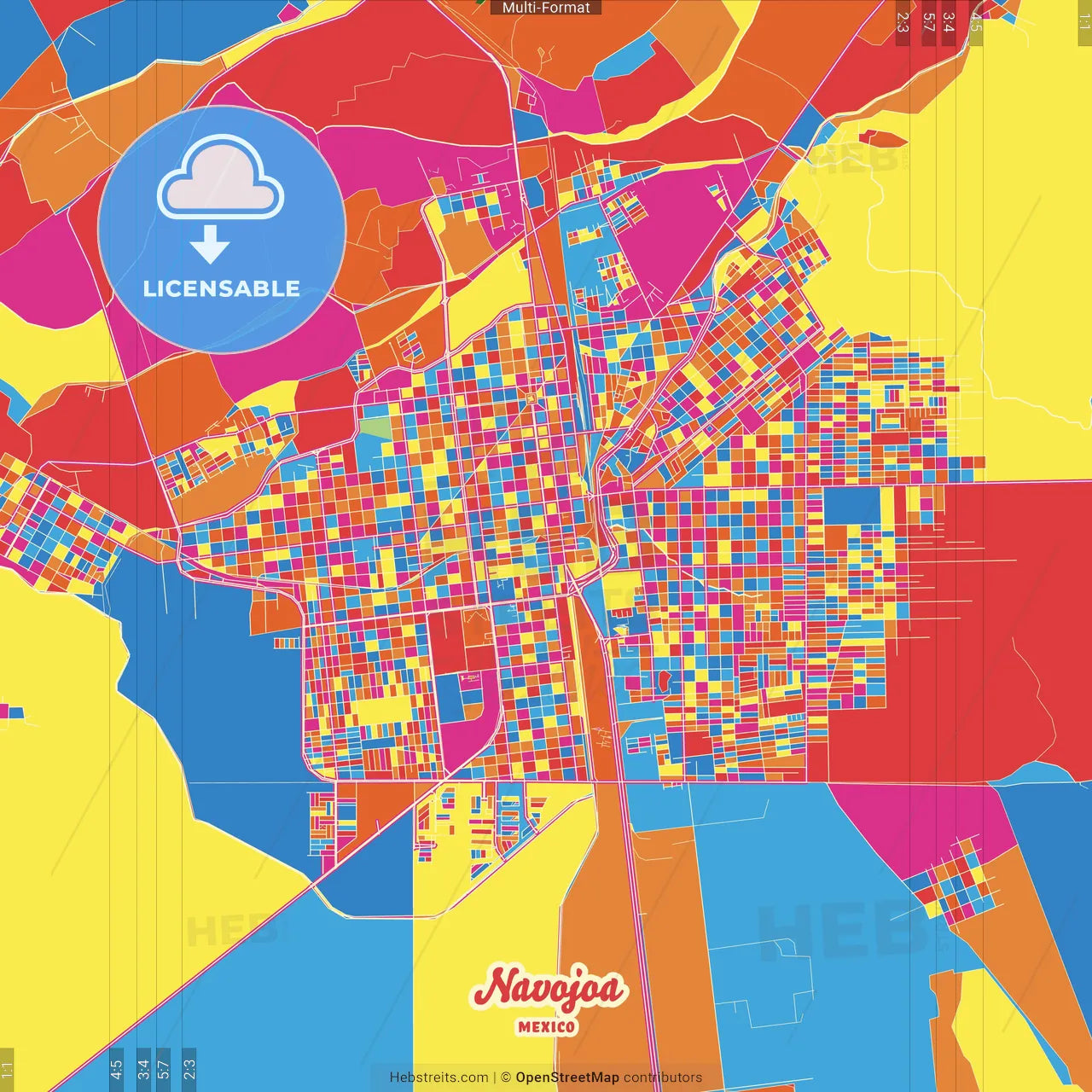 Navojoa, Sonora, Mexico Crazy Colorful Street Map Poster Template