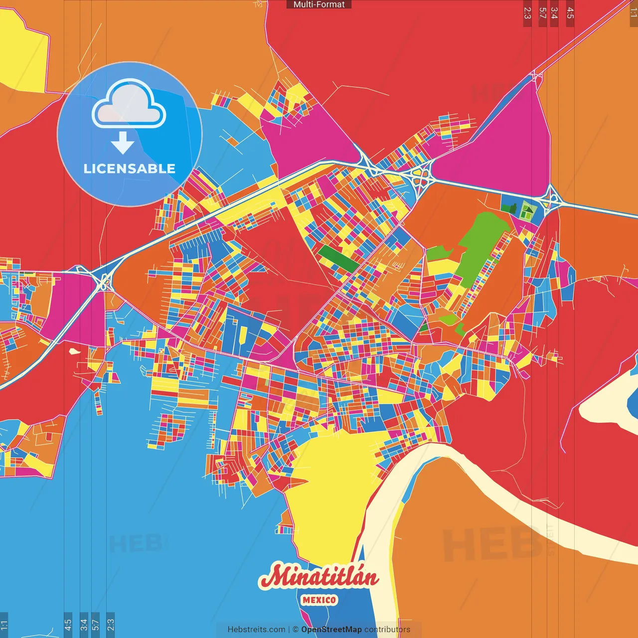 Minatitlán, Veracruz, Mexico Crazy Colorful Street Map Poster Template