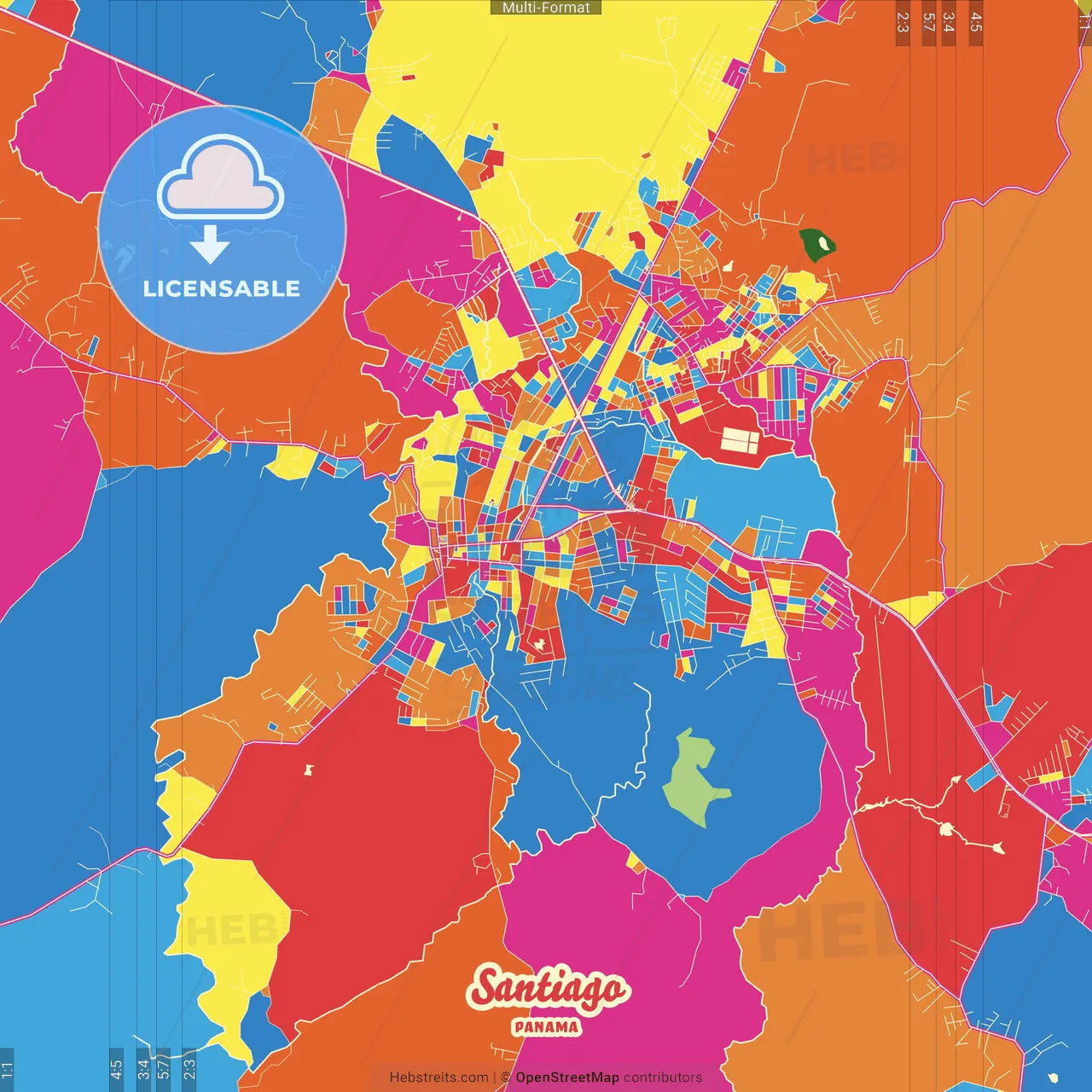 Santiago, Veraguas, Panama Crazy Colorful Street Map Poster Template