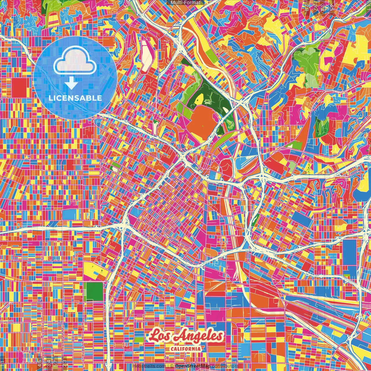 Los Angeles, California, United States Crazy Colorful Street Map Poster Template