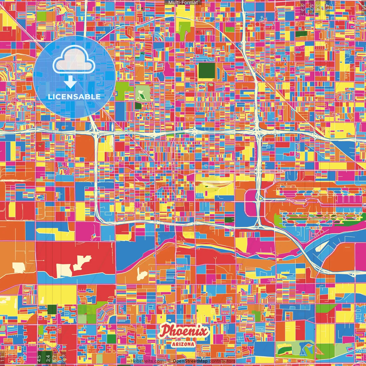 Phoenix, Arizona, United States Crazy Colorful Street Map Poster Template