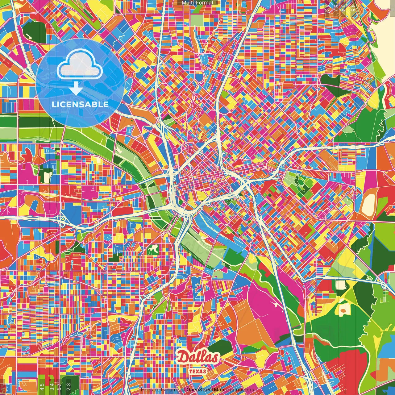 Dallas, Texas, United States Crazy Colorful Street Map Poster Template