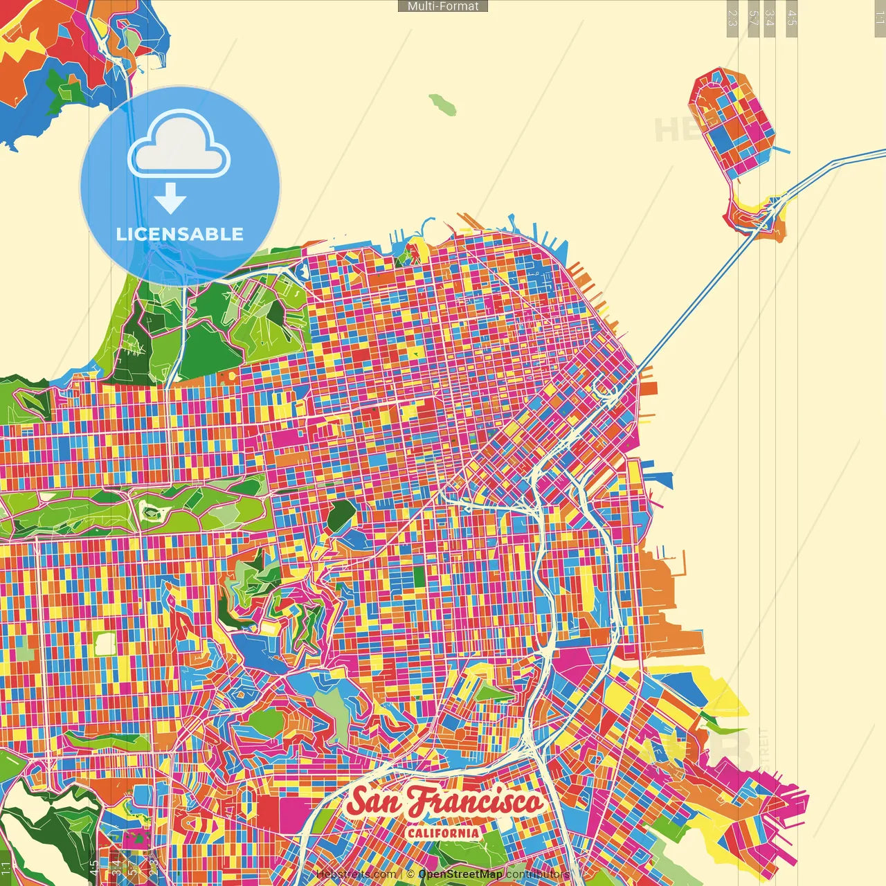 San Francisco, California, United States Crazy Colorful Street Map Poster Template