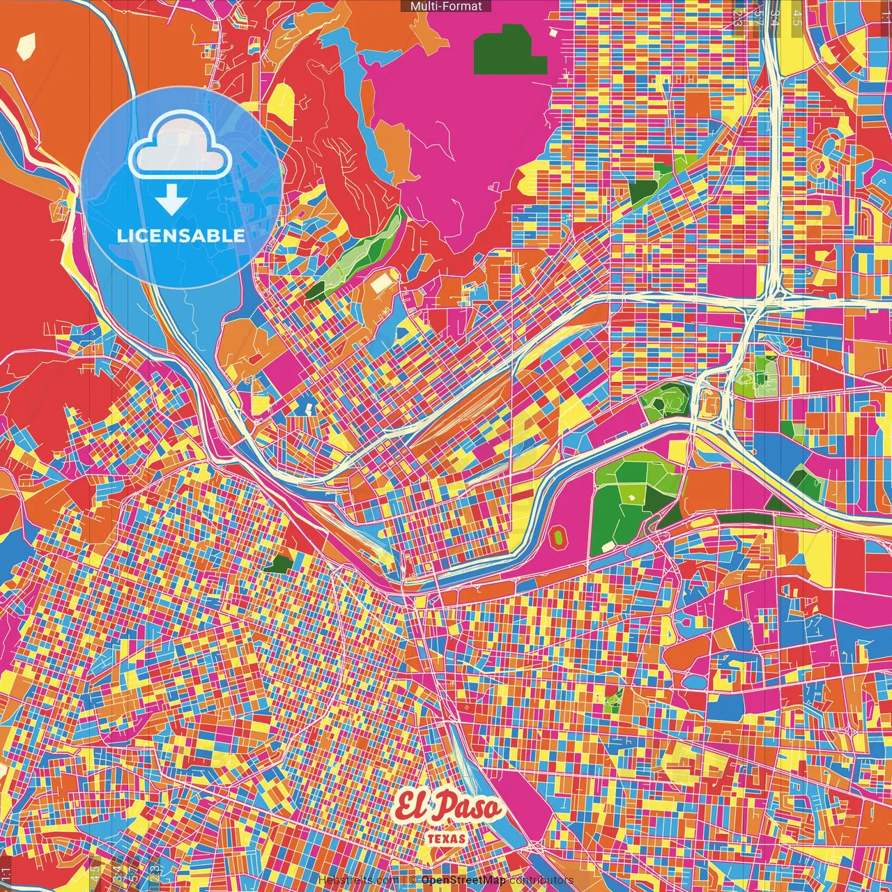 El Paso, Texas, United States Crazy Colorful Street Map Poster Template