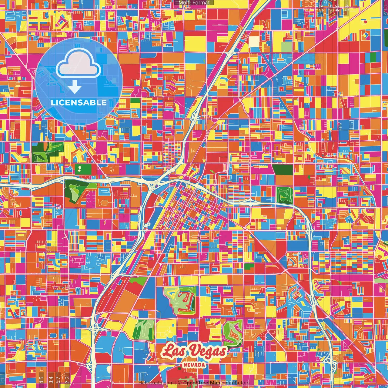 Las Vegas, Nevada, United States Crazy Colorful Street Map Poster Template