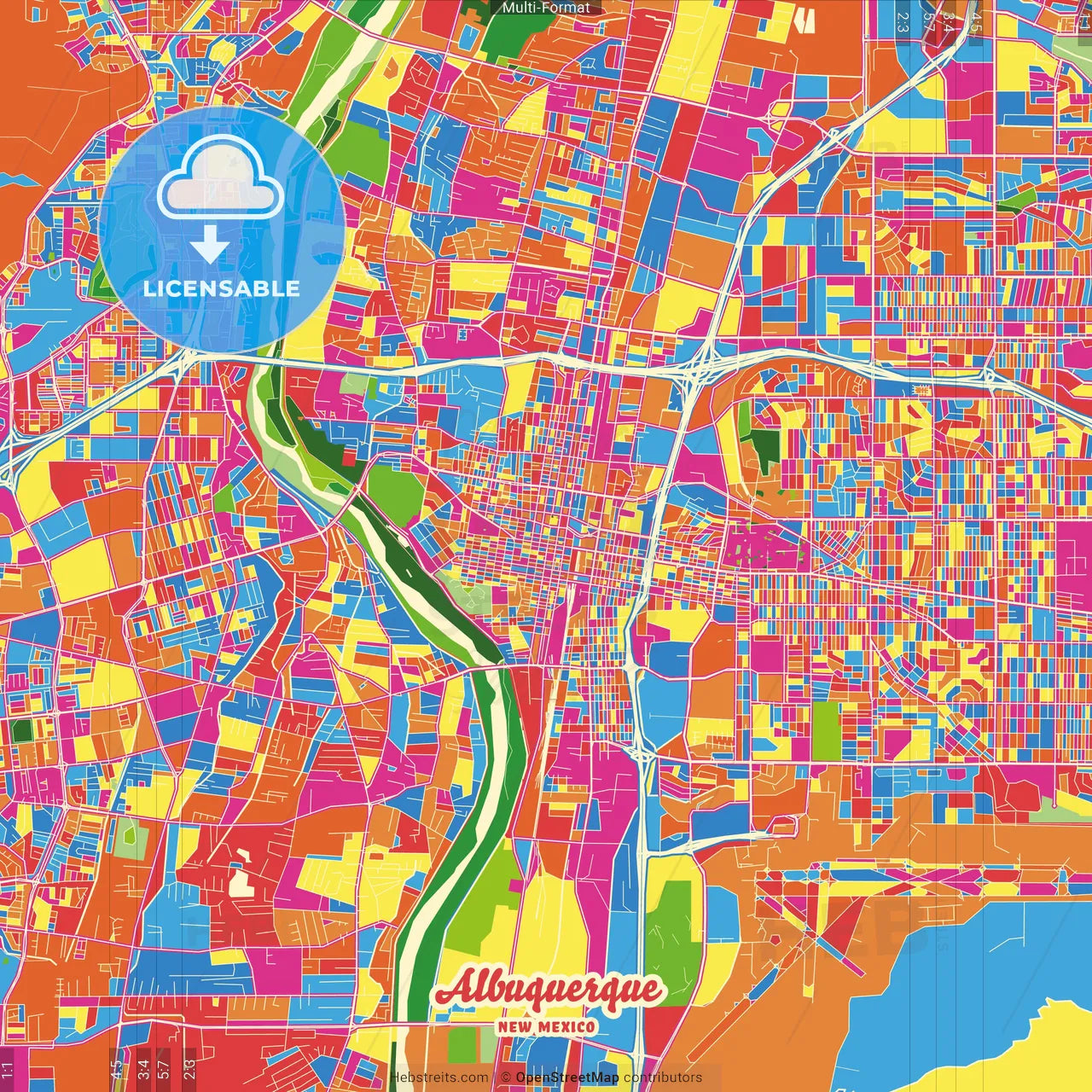 Albuquerque, New Mexico, United States Crazy Colorful Street Map Poster Template