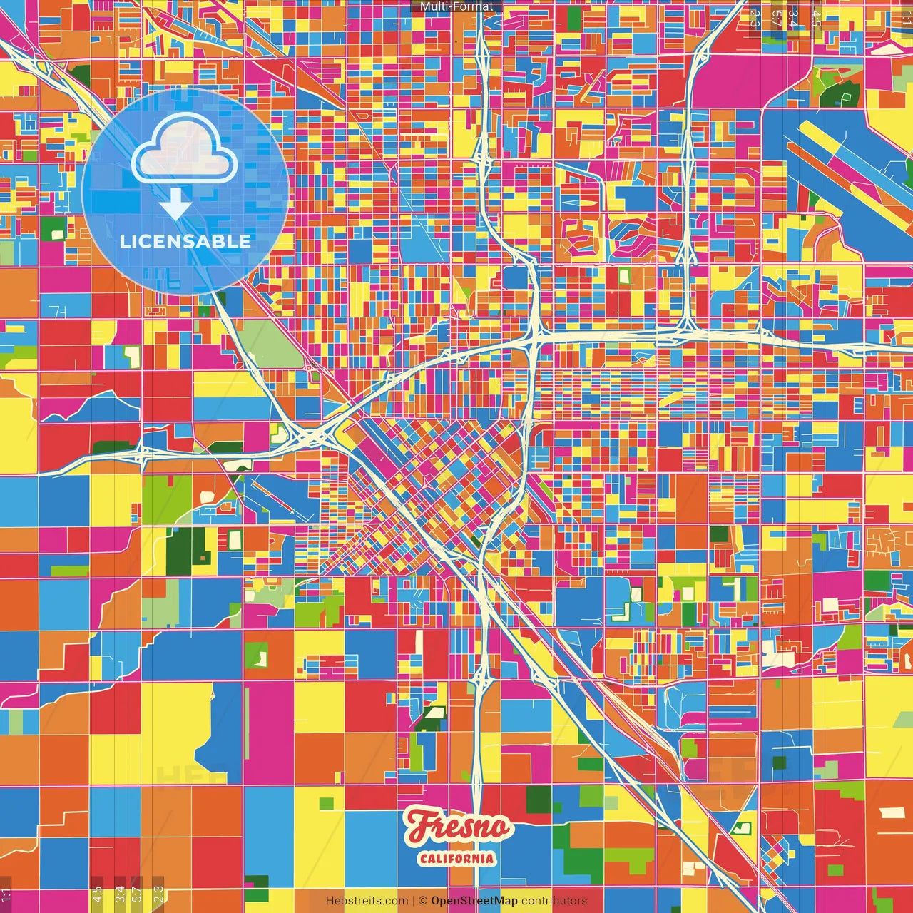 Fresno, California, United States Crazy Colorful Street Map Poster Template