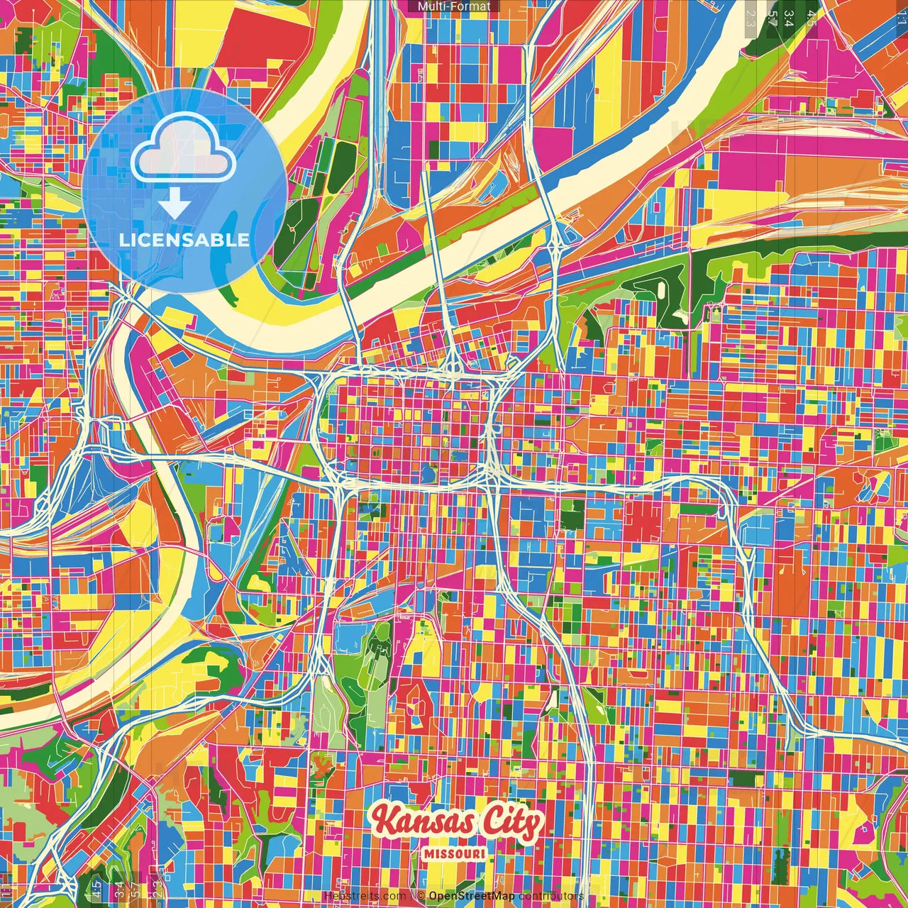 Kansas City, Missouri, United States Crazy Colorful Street Map Poster Template