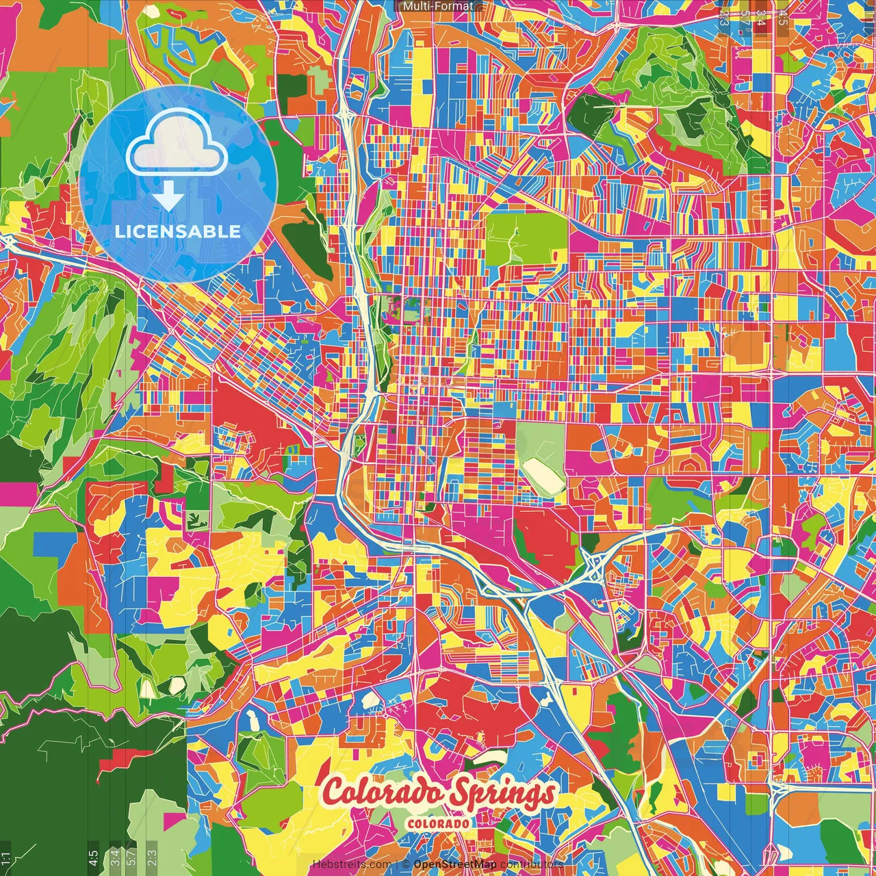Colorado Springs, Colorado, United States Crazy Colorful Street Map Poster Template