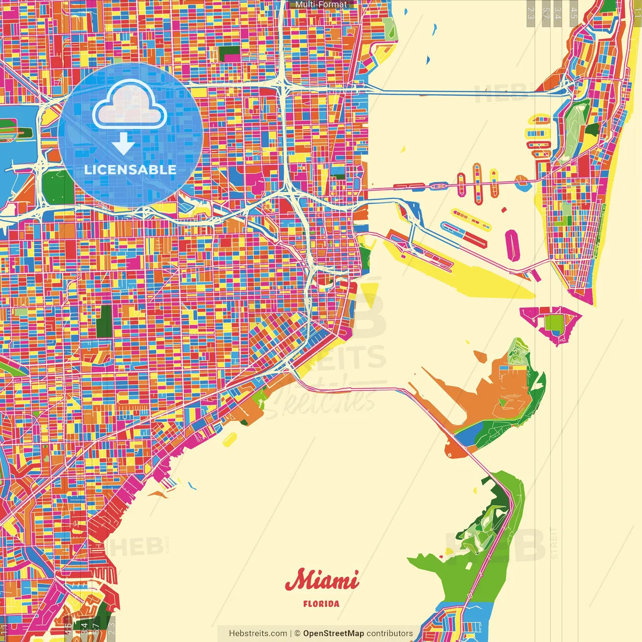 Miami, Florida, United States Crazy Colorful Street Map Poster Template