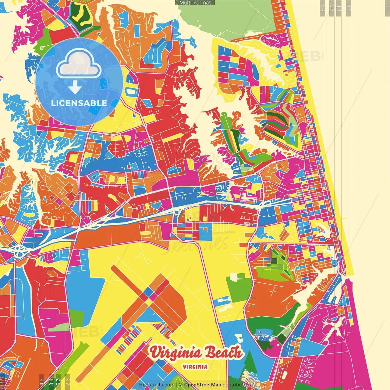 Virginia Beach, Virginia, United States Crazy Colorful Street Map Poster Template