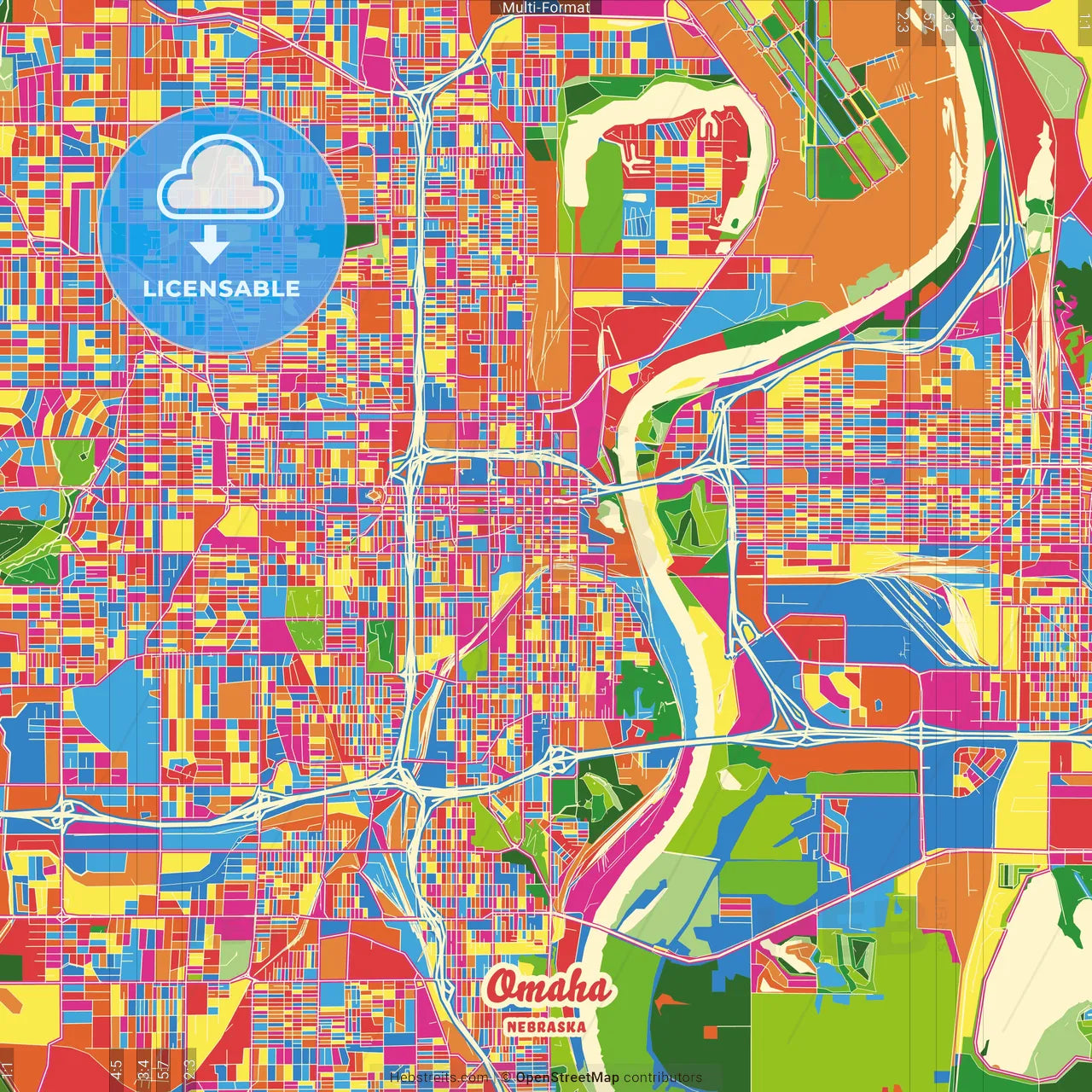 Omaha, Nebraska, United States Crazy Colorful Street Map Poster Template