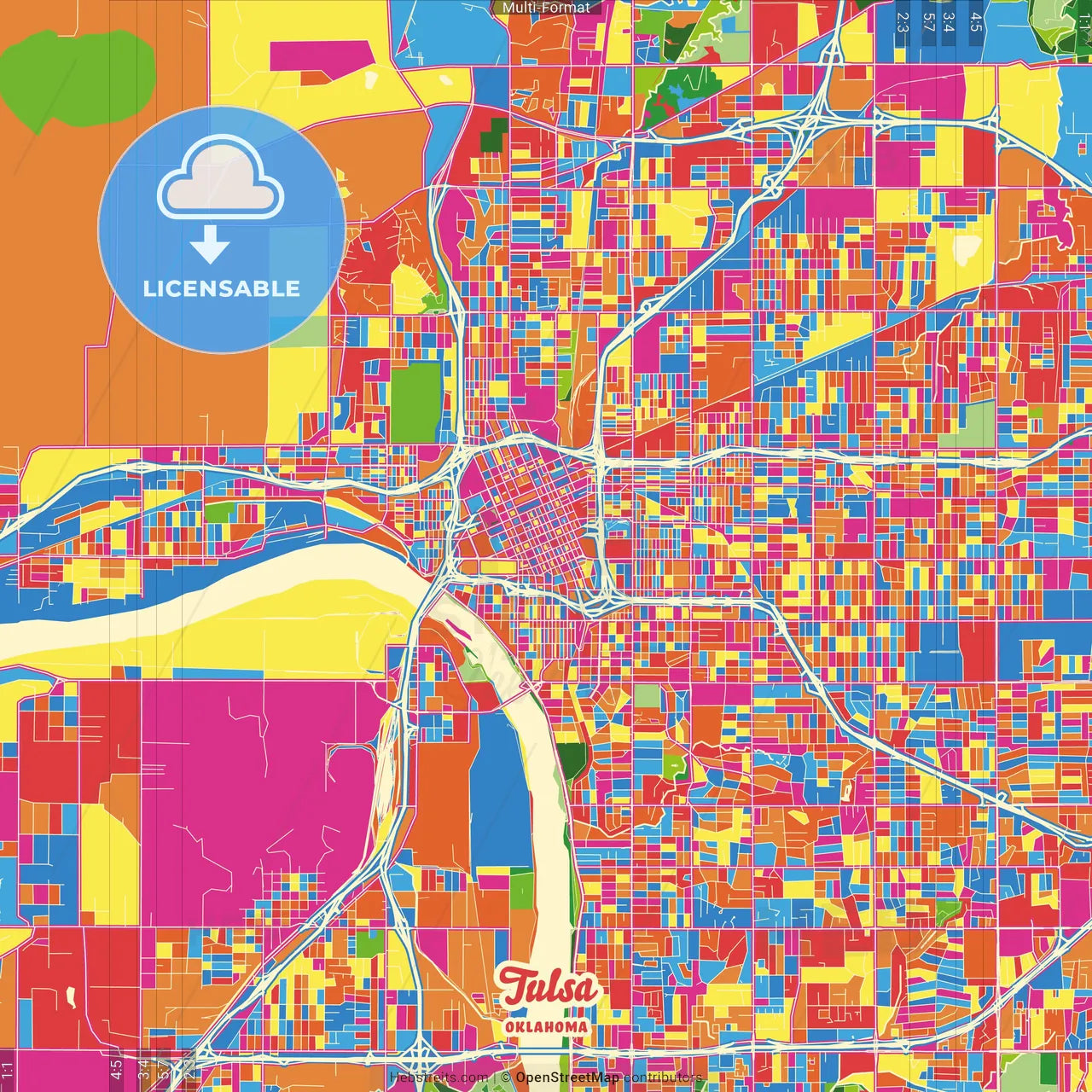 Tulsa, Oklahoma, United States Crazy Colorful Street Map Poster Template