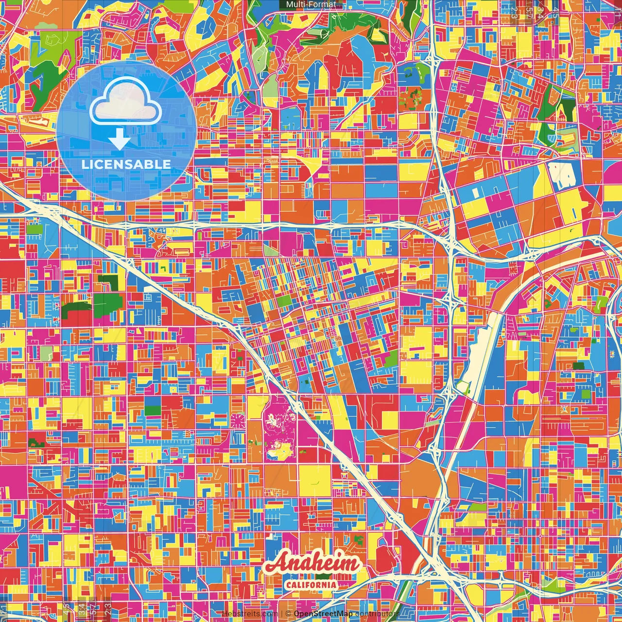 Anaheim, California, United States Crazy Colorful Street Map Poster Template