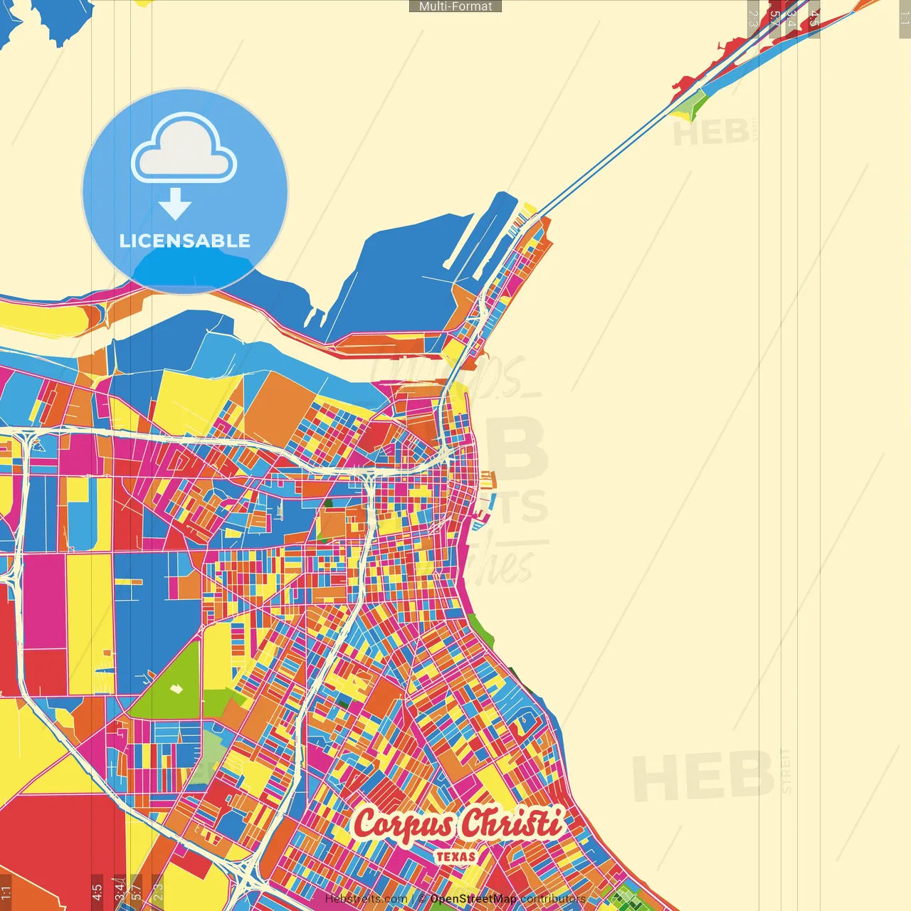 Corpus Christi, Texas, United States Crazy Colorful Street Map Poster Template