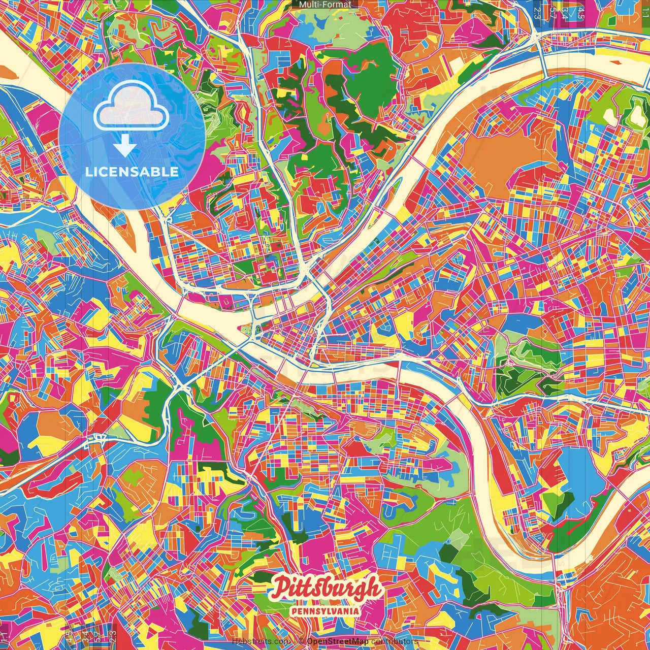 Pittsburgh, Pennsylvania, United States Crazy Colorful Street Map Poster Template