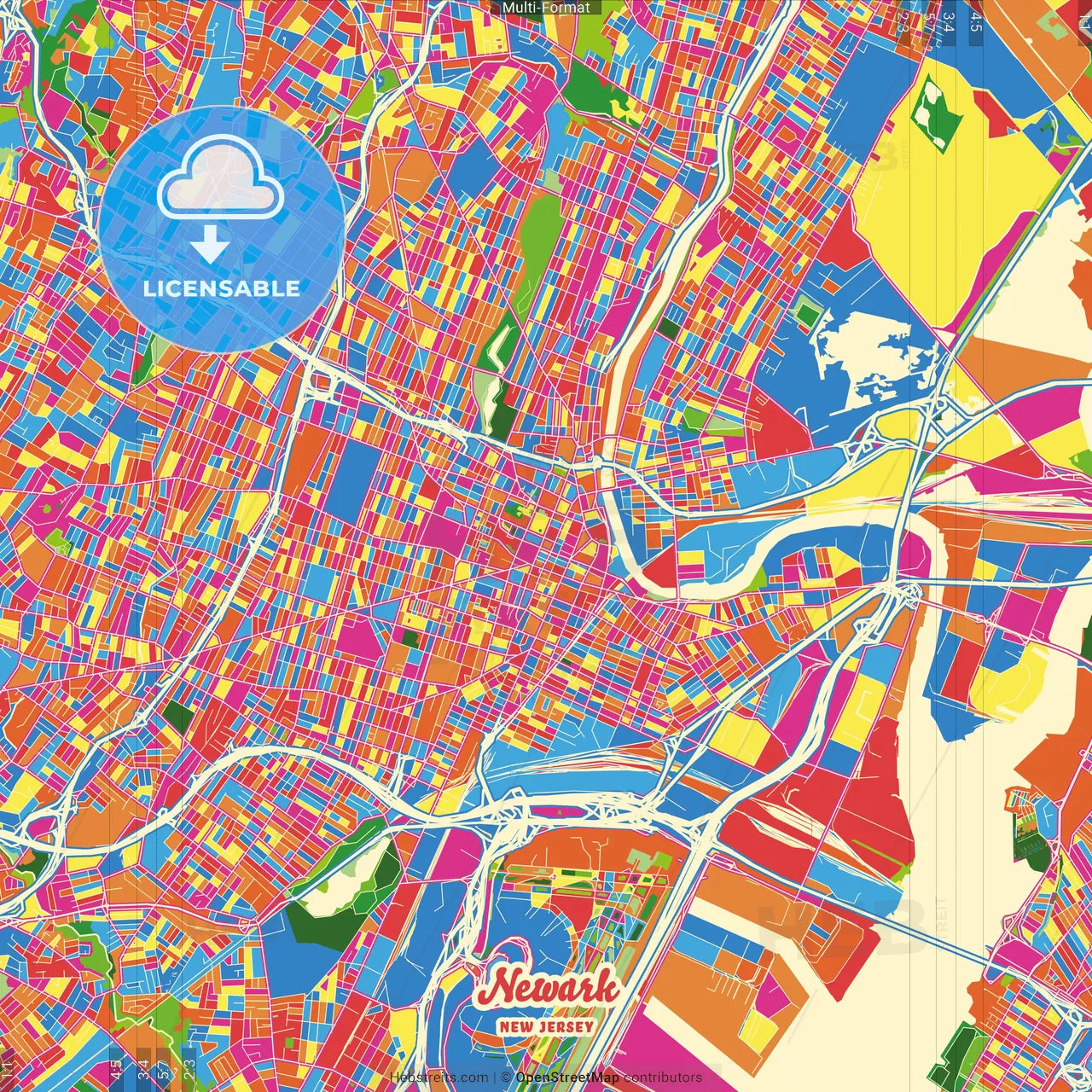 Newark, New Jersey, United States Crazy Colorful Street Map Poster Template