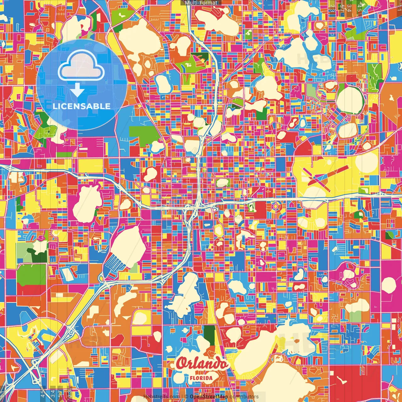Orlando, Florida, United States Crazy Colorful Street Map Poster Template