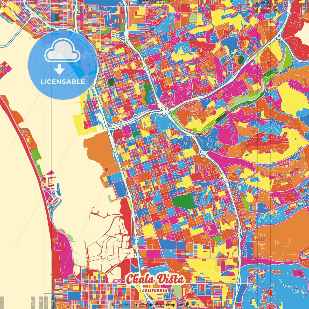 Chula Vista, California, United States Crazy Colorful Street Map Poster Template