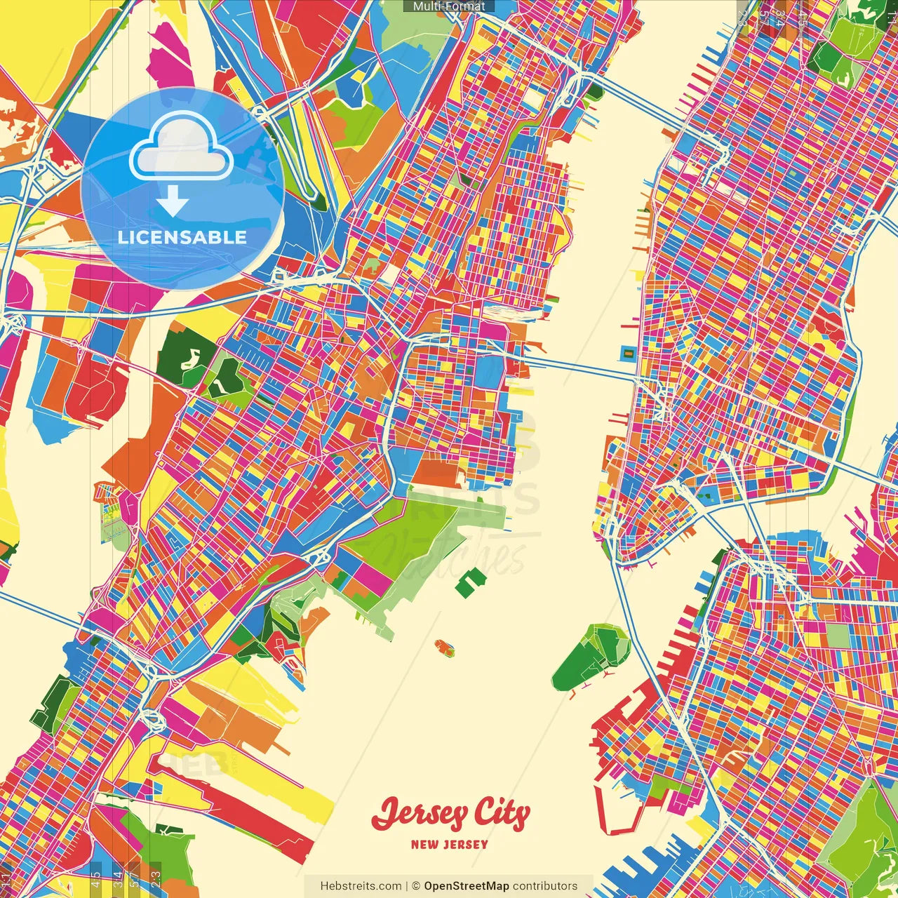 Jersey City, New Jersey, United States Crazy Colorful Street Map Poster Template