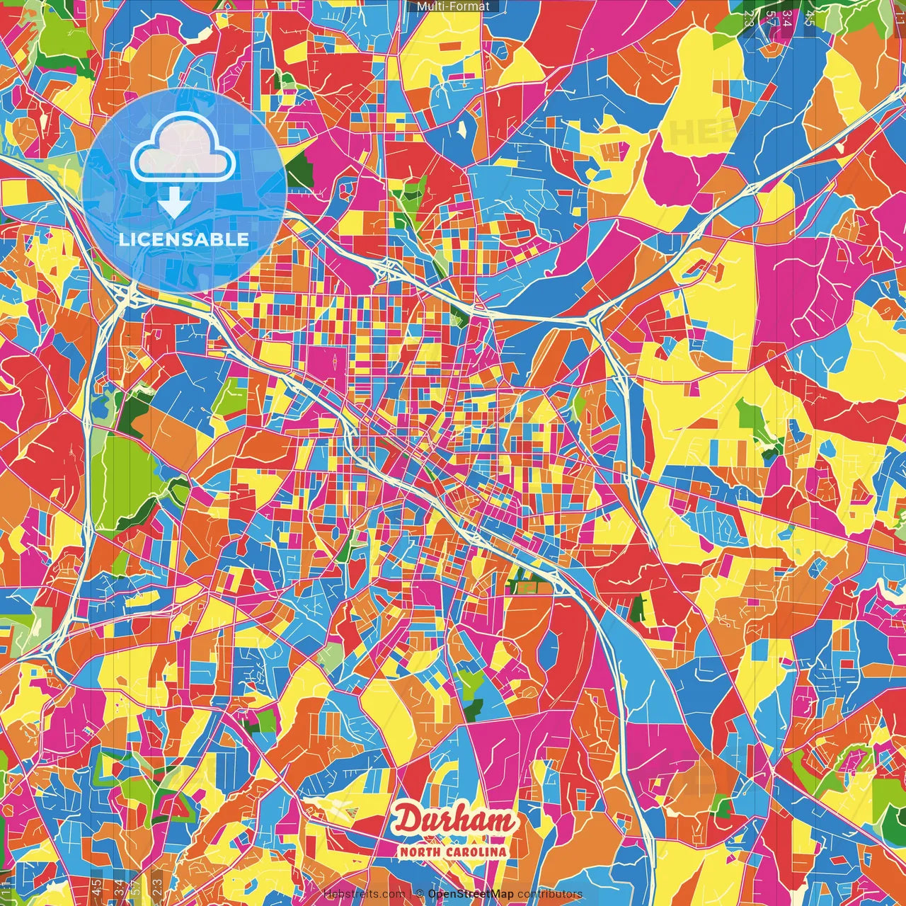 Durham, North Carolina, United States Crazy Colorful Street Map Poster Template