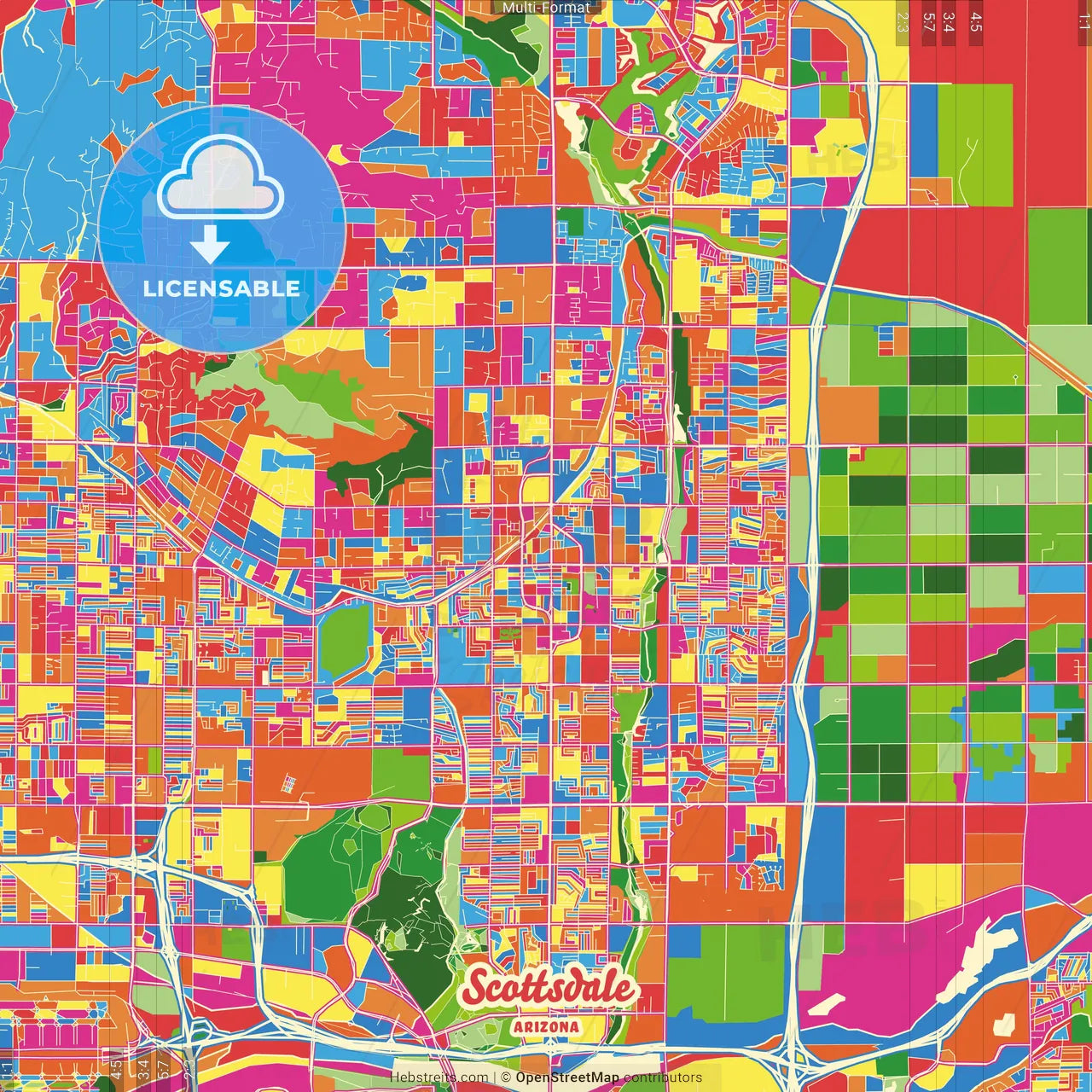 Scottsdale, Arizona, United States Crazy Colorful Street Map Poster Template