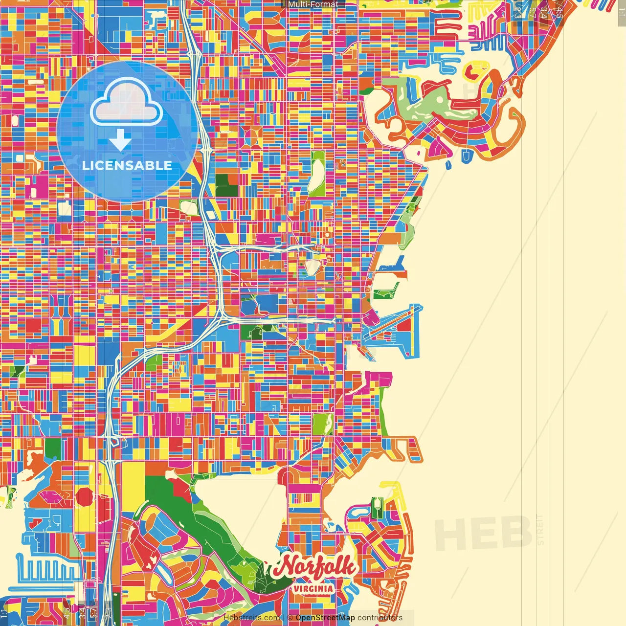 Norfolk, Virginia, United States Crazy Colorful Street Map Poster Template