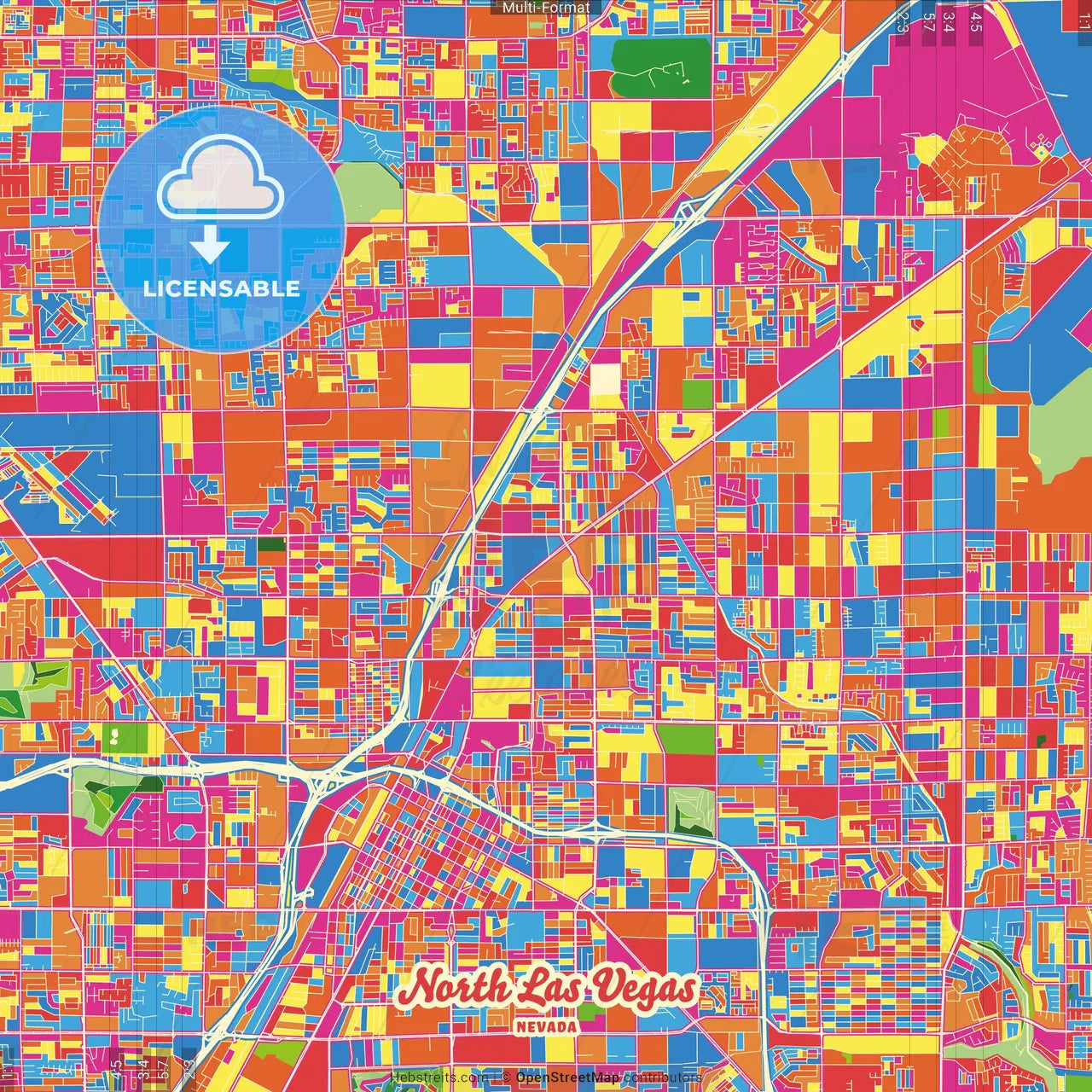 North Las Vegas, Nevada, United States Crazy Colorful Street Map Poster Template