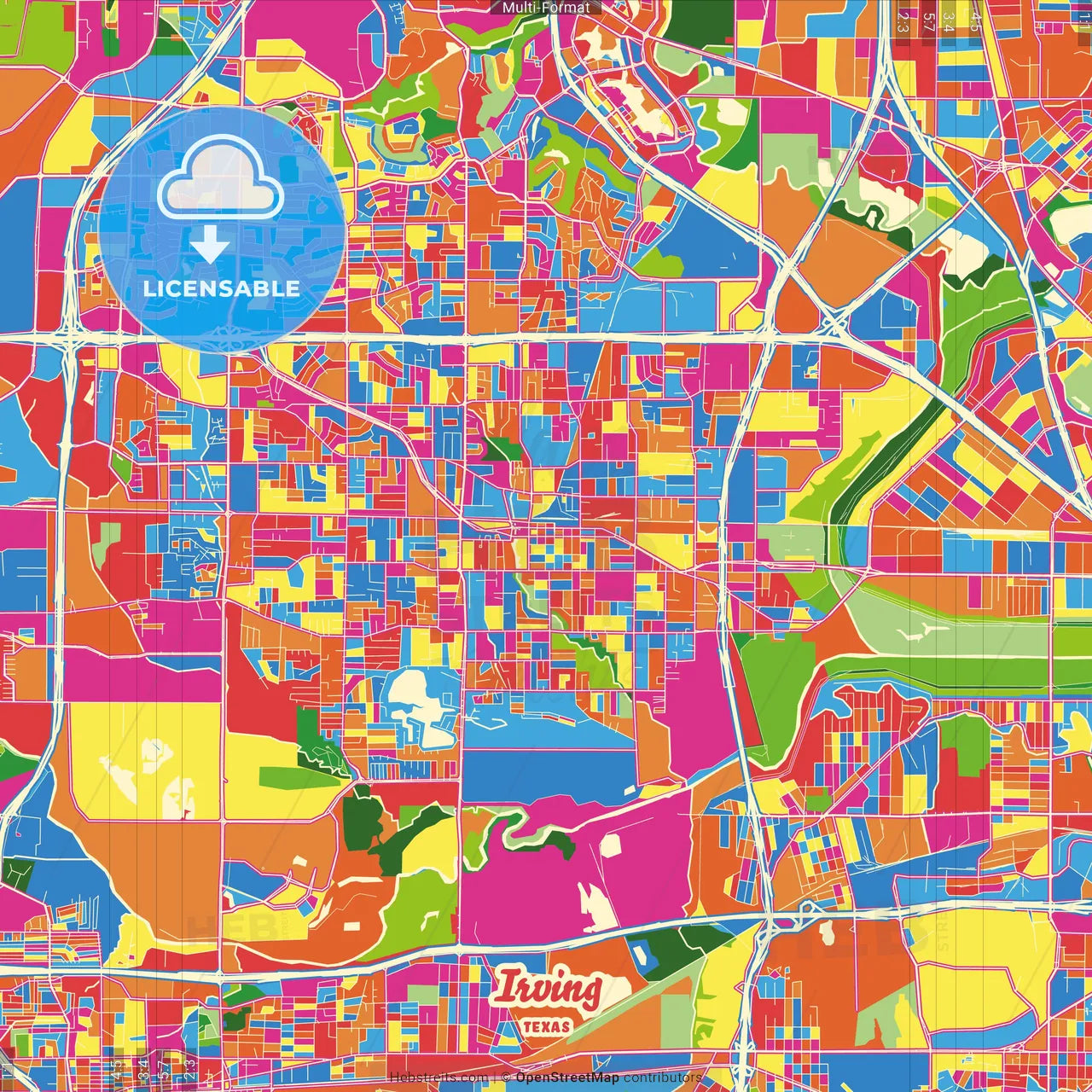 Irving, Texas, United States Crazy Colorful Street Map Poster Template