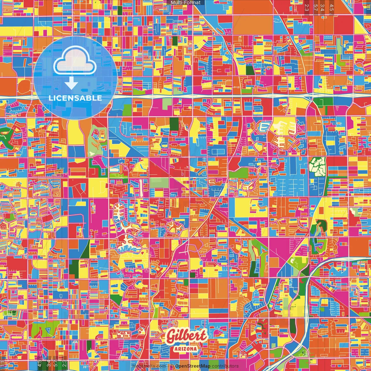 Gilbert, Arizona, United States Crazy Colorful Street Map Poster Template