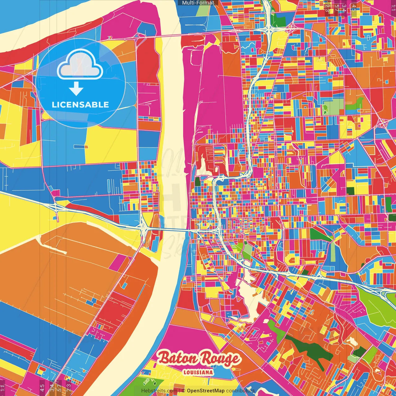 Baton Rouge, Louisiana, United States Crazy Colorful Street Map Poster Template