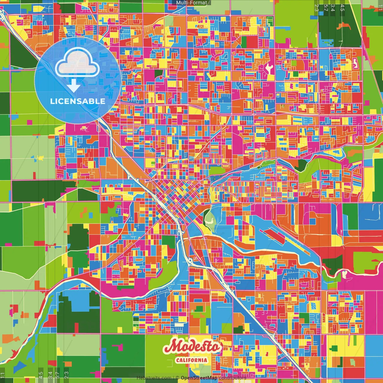 Modesto, California, United States Crazy Colorful Street Map Poster Template