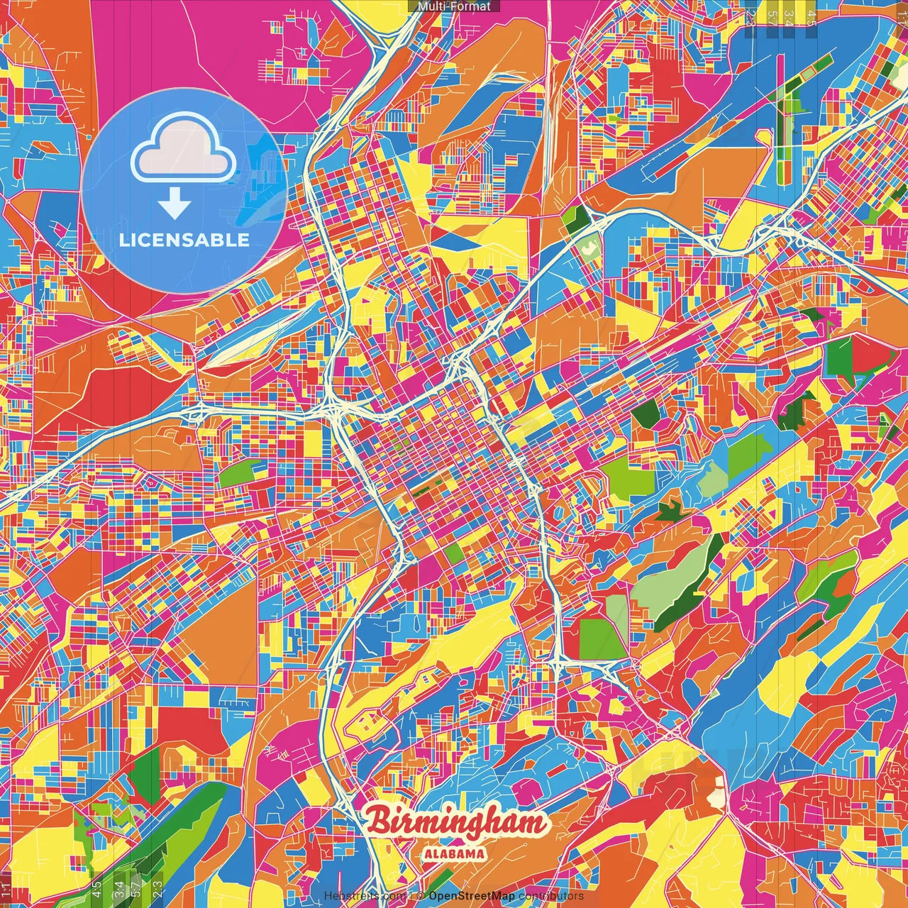 Birmingham, Alabama, United States Crazy Colorful Street Map Poster Template