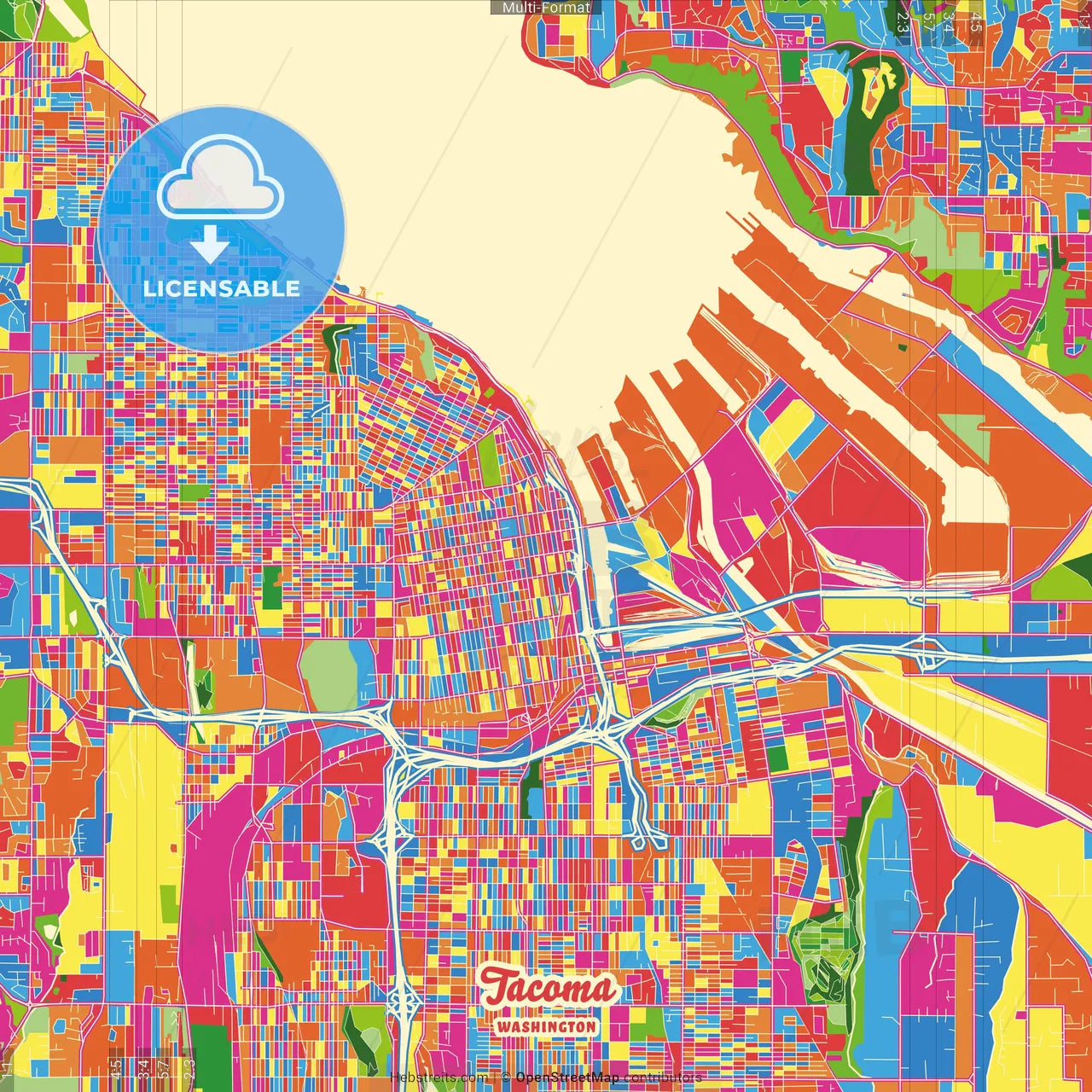 Tacoma, Washington, United States Crazy Colorful Street Map Poster Template