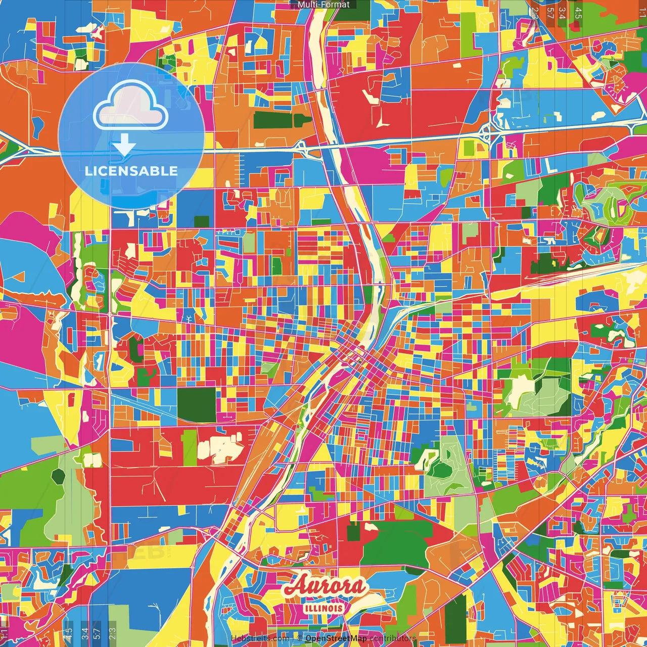 Aurora, Illinois, United States Crazy Colorful Street Map Poster Template