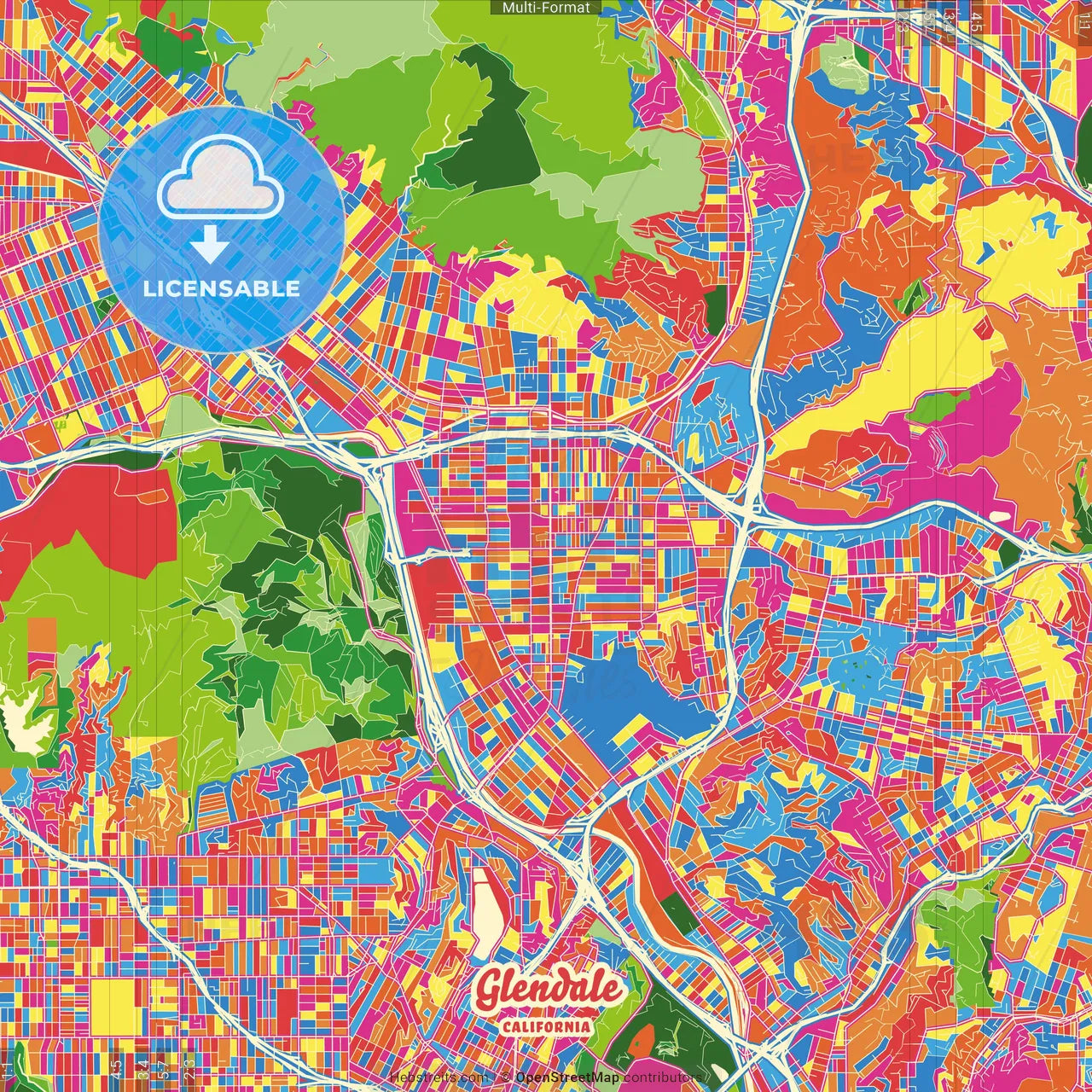 Glendale, California, United States Crazy Colorful Street Map Poster Template