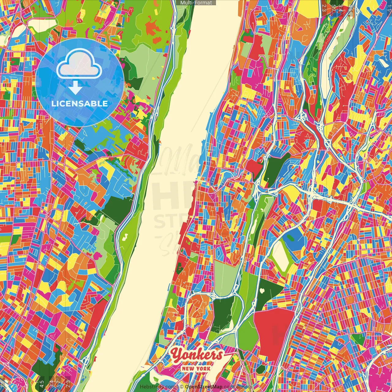 Yonkers, New York, United States Crazy Colorful Street Map Poster Template