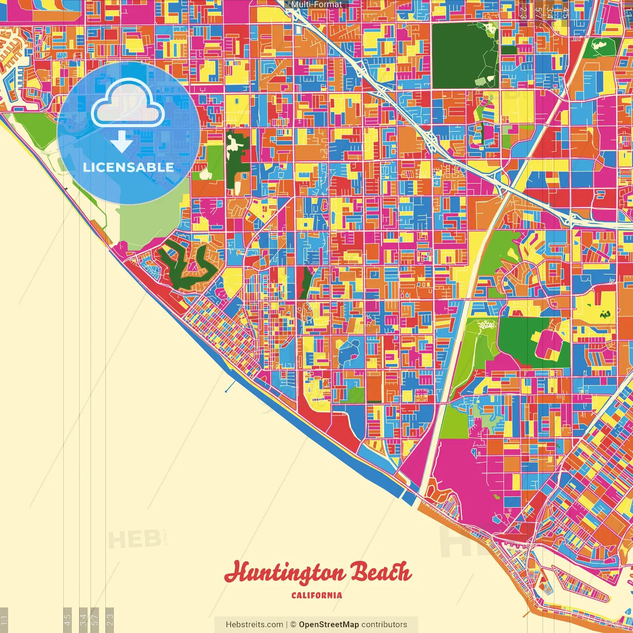 Huntington Beach, California, United States Crazy Colorful Street Map Poster Template