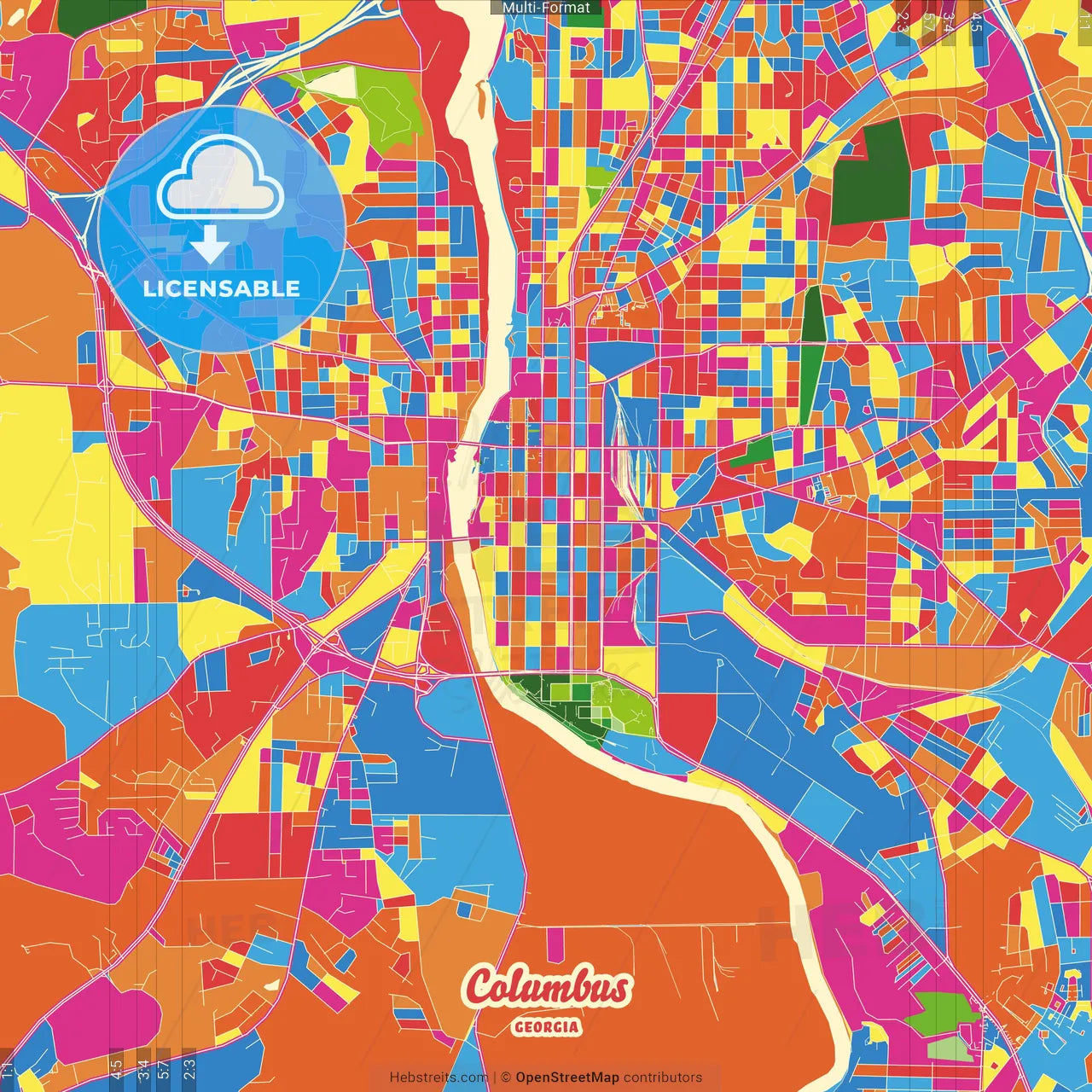 Columbus, Georgia, United States Crazy Colorful Street Map Poster Template