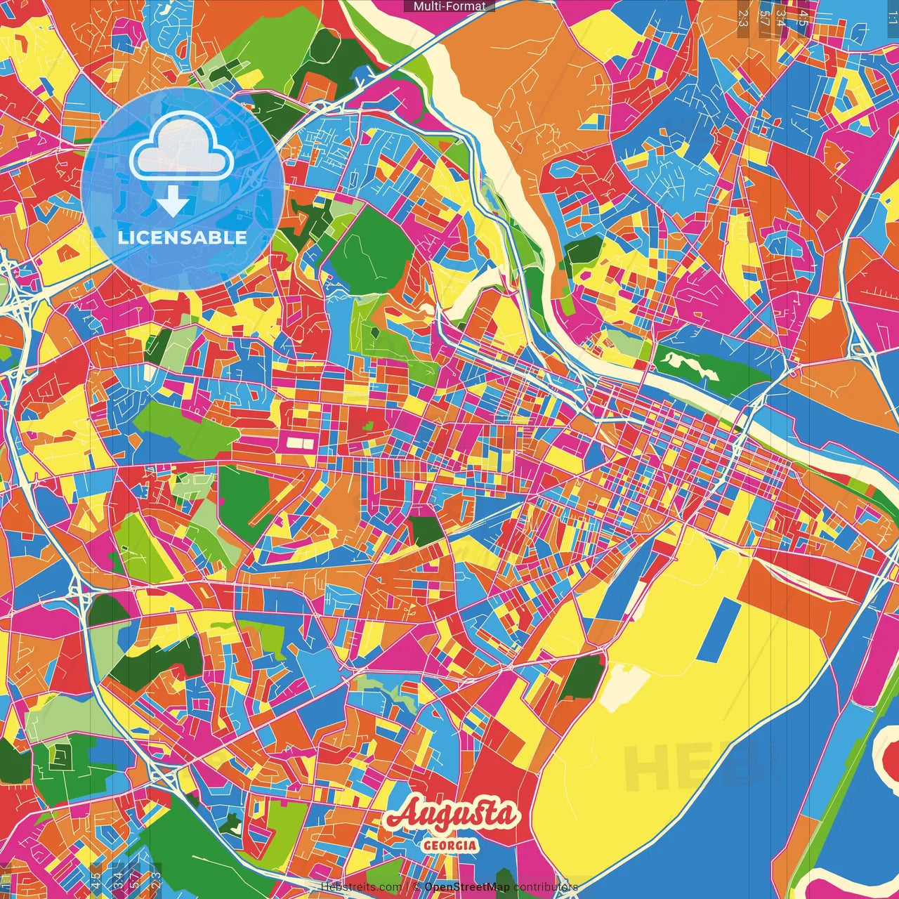 Augusta, Georgia, United States Crazy Colorful Street Map Poster Template