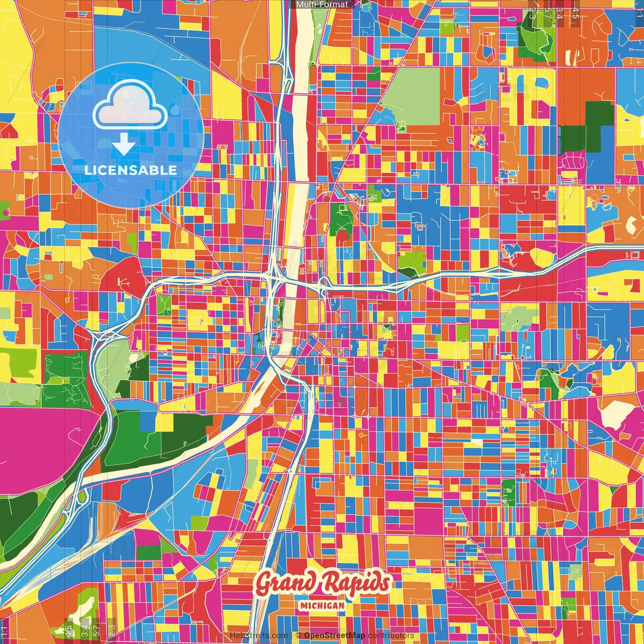 Grand Rapids, Michigan, United States Crazy Colorful Street Map Poster Template