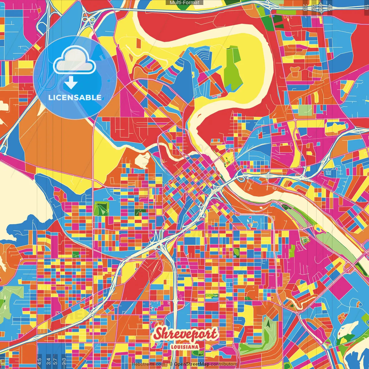Shreveport, Louisiana, United States Crazy Colorful Street Map Poster Template