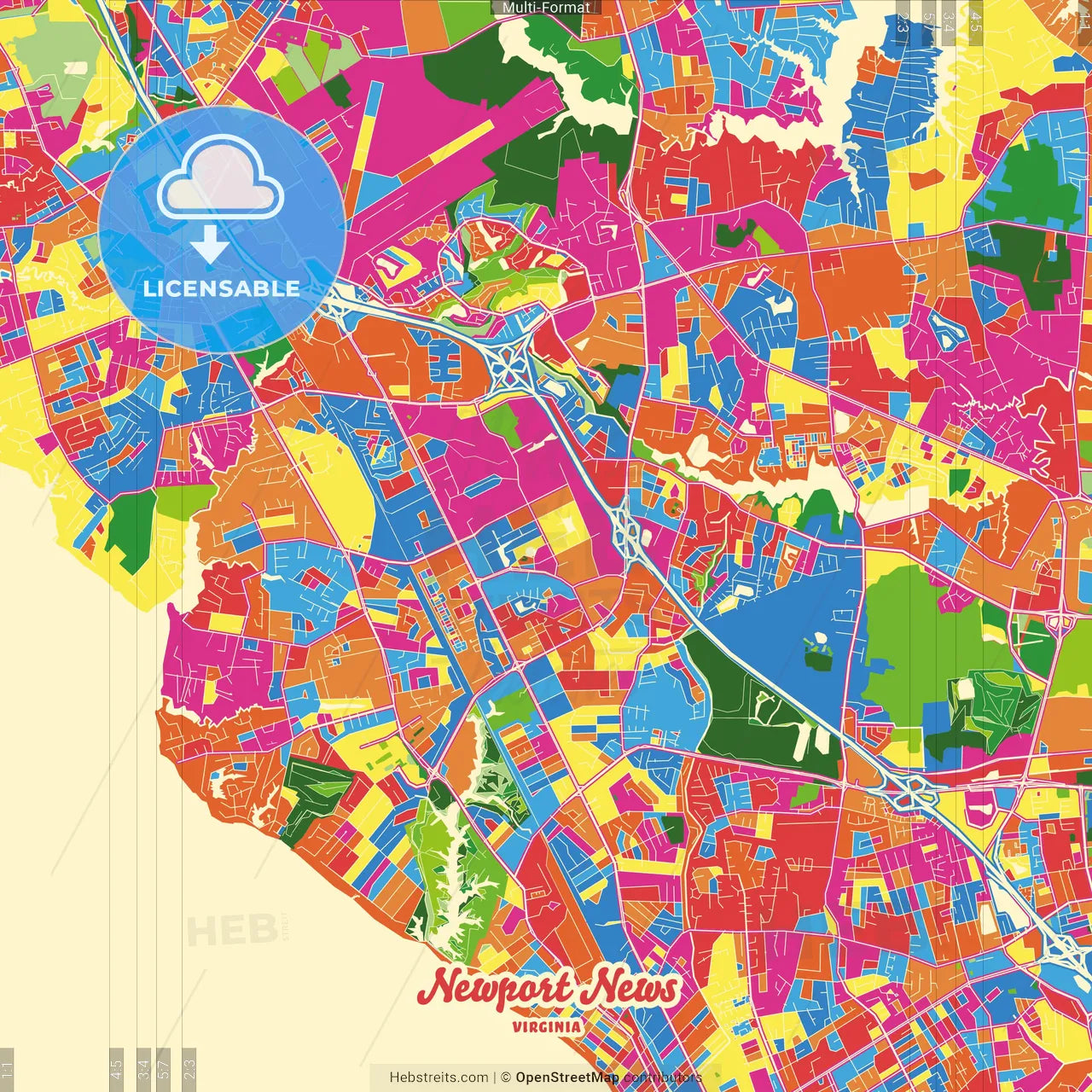 Newport News, Virginia, United States Crazy Colorful Street Map Poster Template