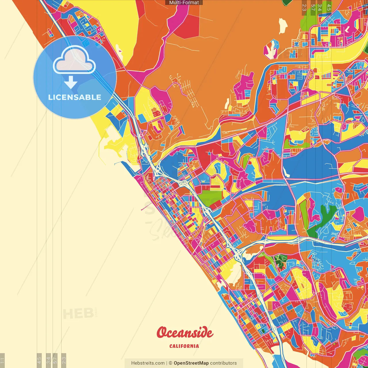 Oceanside, California, United States Crazy Colorful Street Map Poster Template