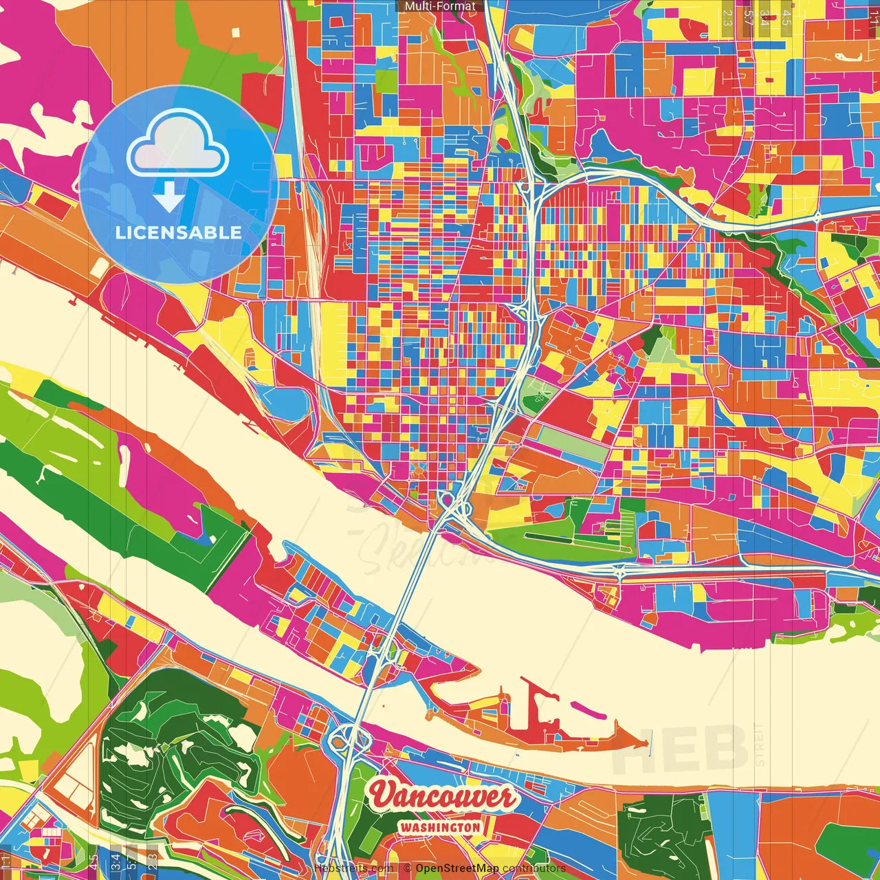 Vancouver, Washington, United States Crazy Colorful Street Map Poster Template