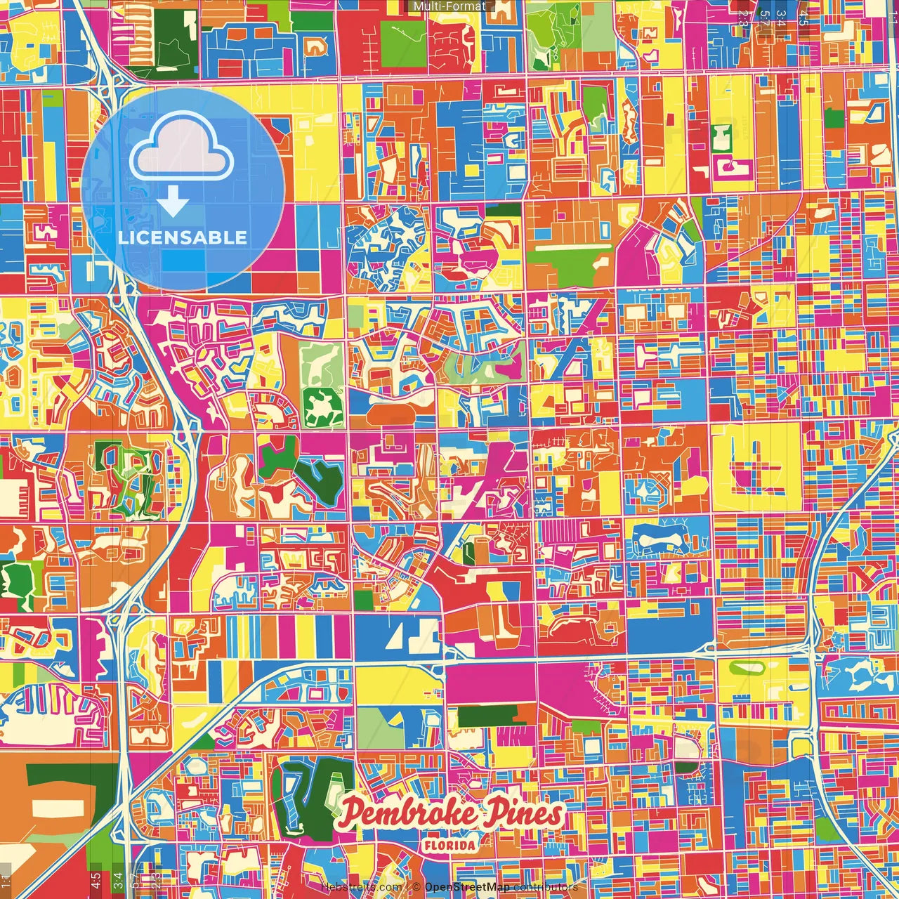 Pembroke Pines, Florida, United States Crazy Colorful Street Map Poster Template