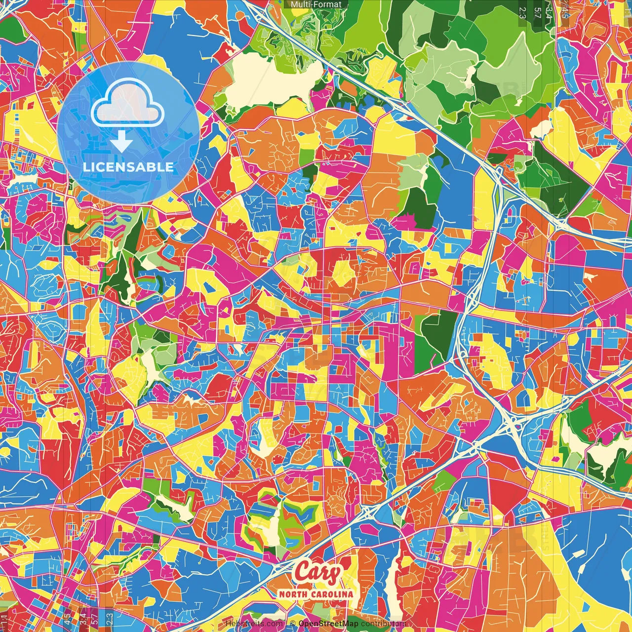 Cary, North Carolina, United States Crazy Colorful Street Map Poster Template