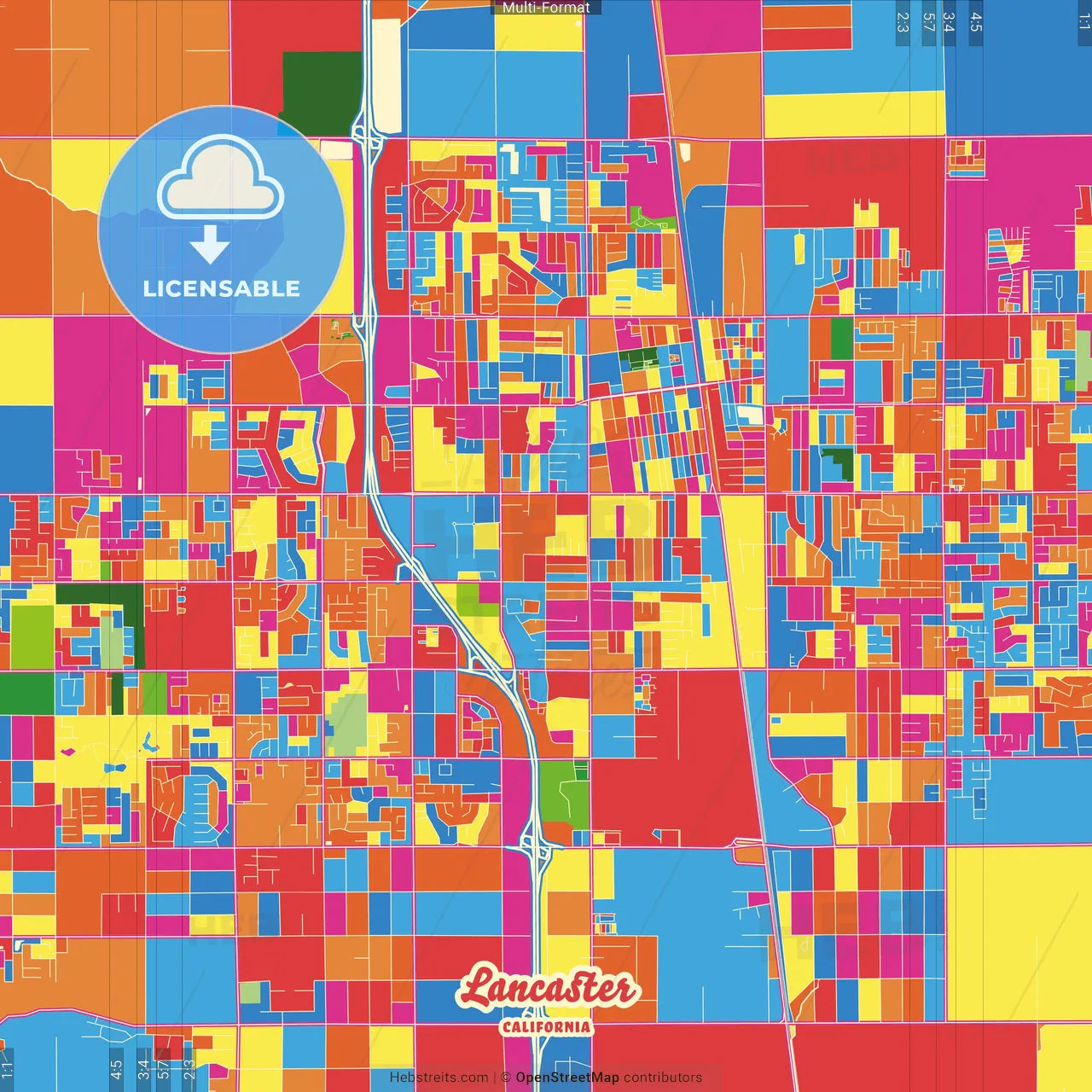 Lancaster, California, United States Crazy Colorful Street Map Poster Template