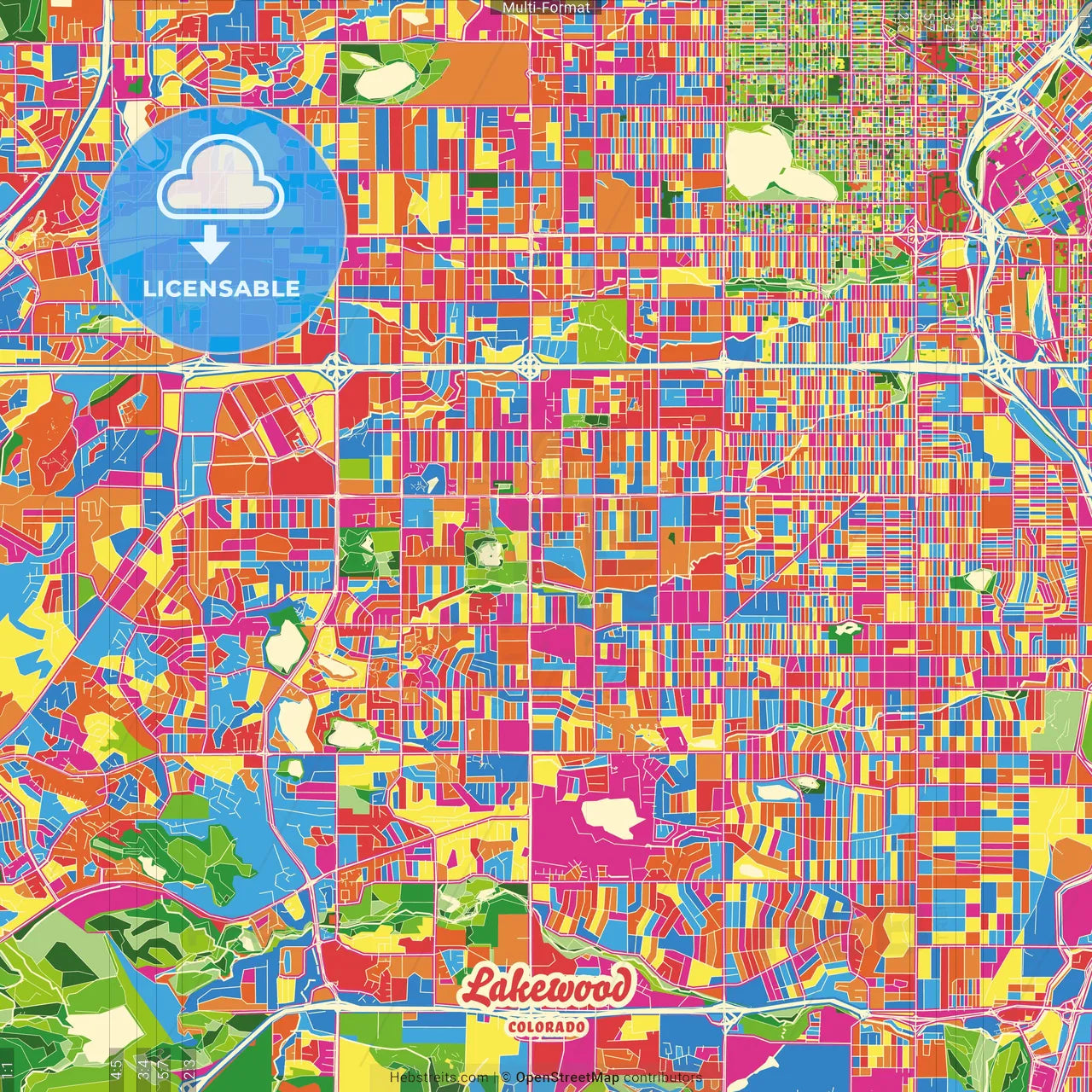Lakewood, Colorado, United States Crazy Colorful Street Map Poster Template